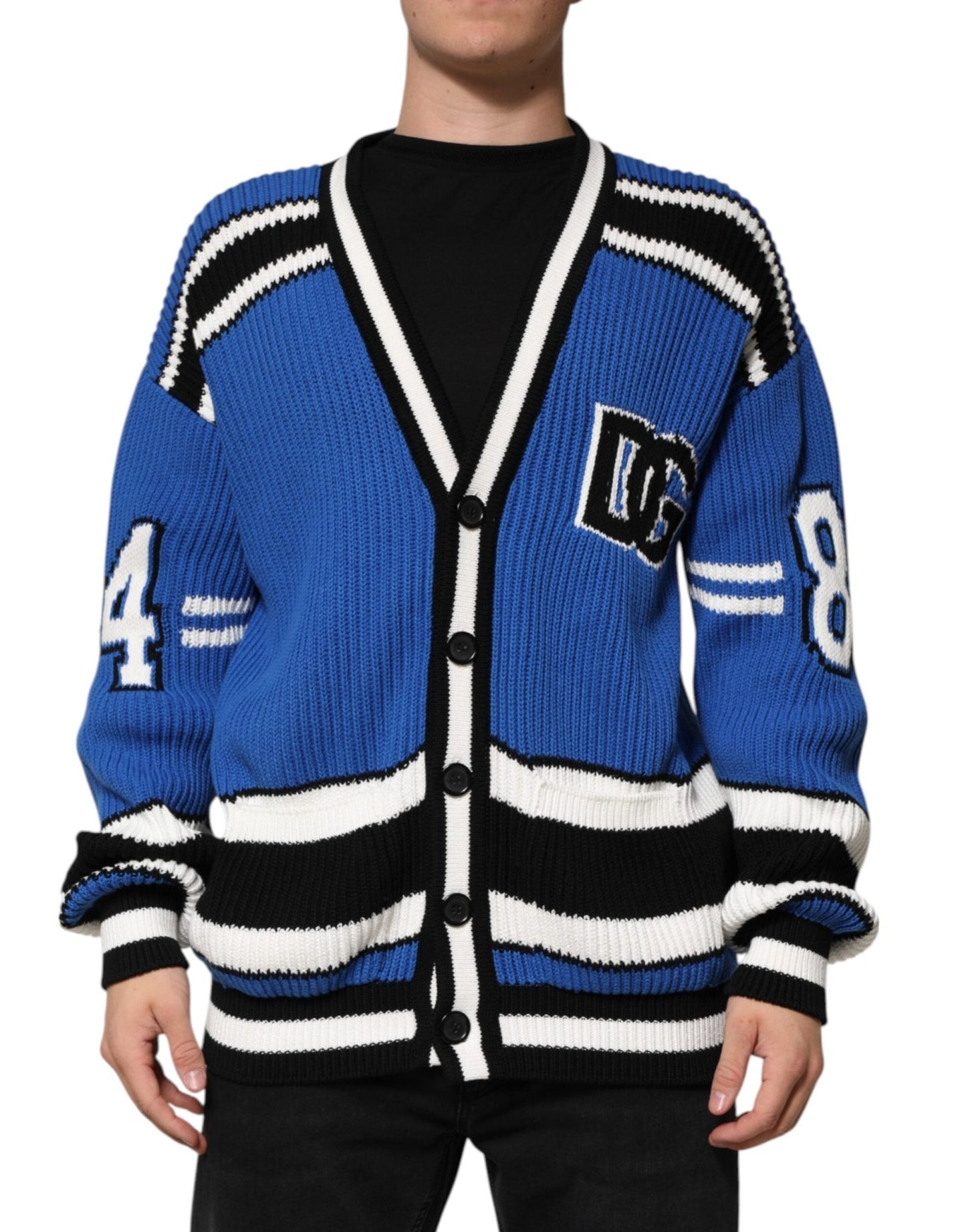 Dolce & Gabbana Blue Cotton Logo Patch Ribbed Knit Cardigan Sweater – L par Dolce & Gabbana | Disponible sur Sandy Store ByNet