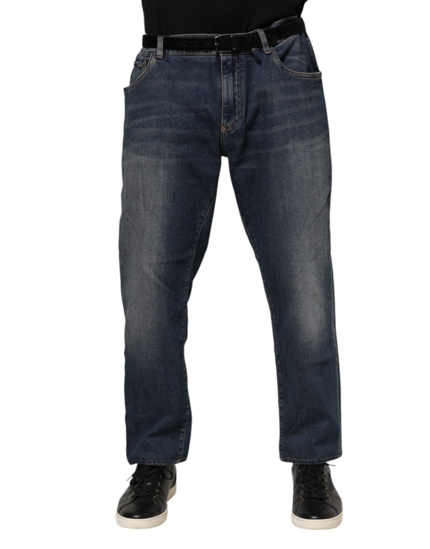 Dolce & Gabbana Blue Cotton Logo Plaque Slim Denim Jeans – IT60 | 3XL par Dolce & Gabbana | Disponible sur Sandy Store ByNet