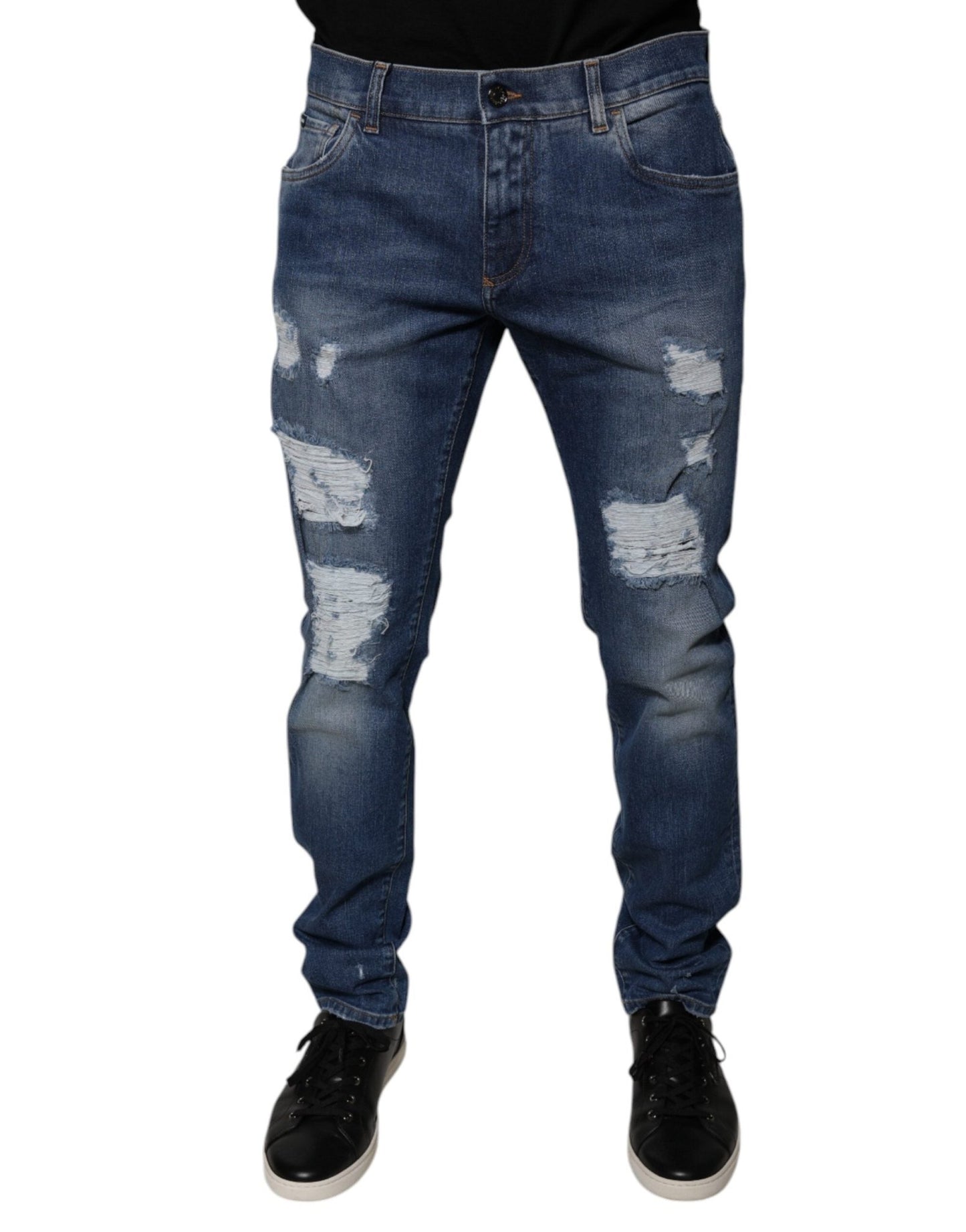 Dolce & Gabbana Blue Cotton Tattered Skinny Denim Jeans – IT52 | XL par Dolce & Gabbana | Disponible sur Sandy Store ByNet