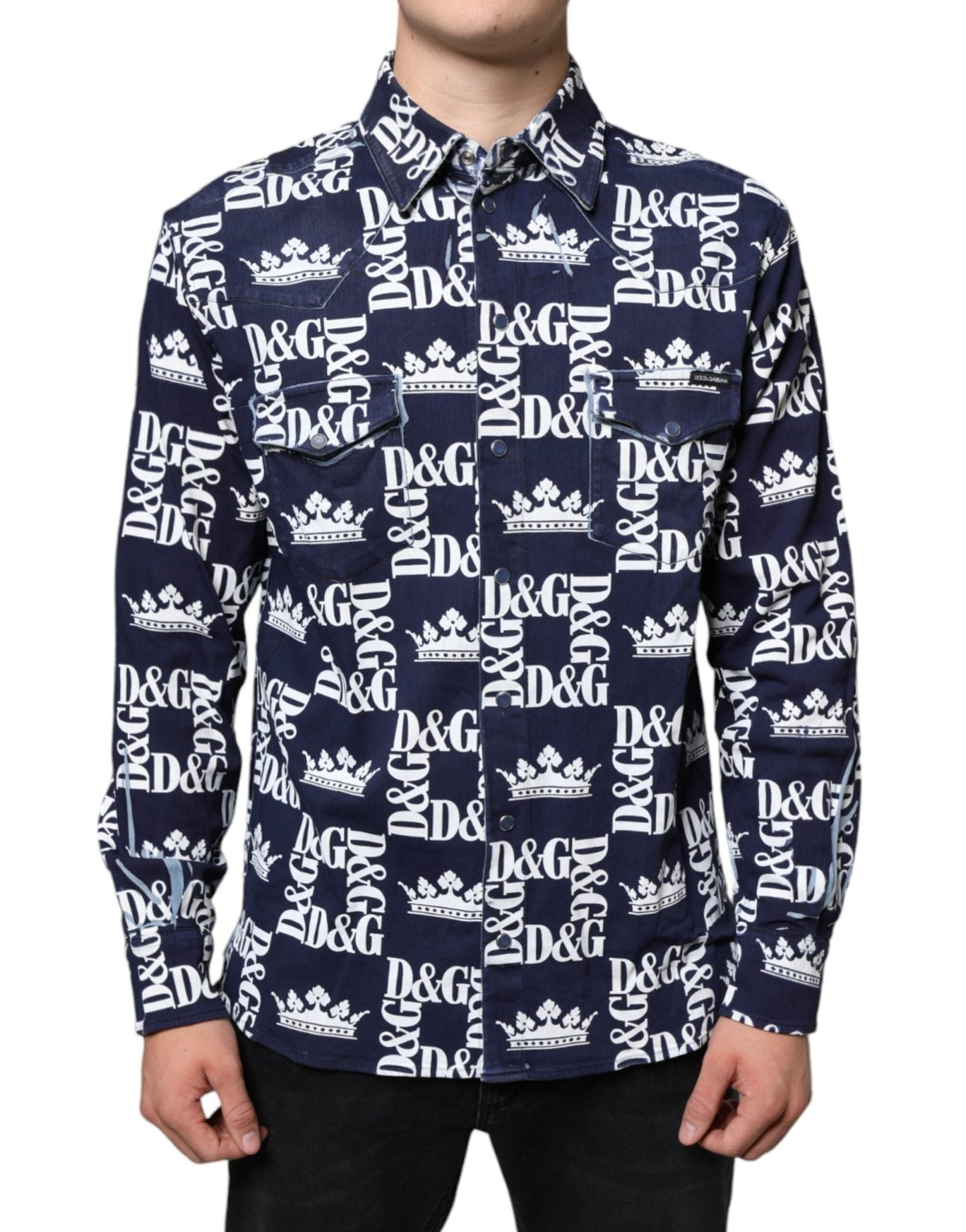 Dolce & Gabbana Blue Crown Logo Print Slim Fit Cotton Shirt – IT38 | XS par Dolce & Gabbana | Disponible sur Sandy Store ByNet