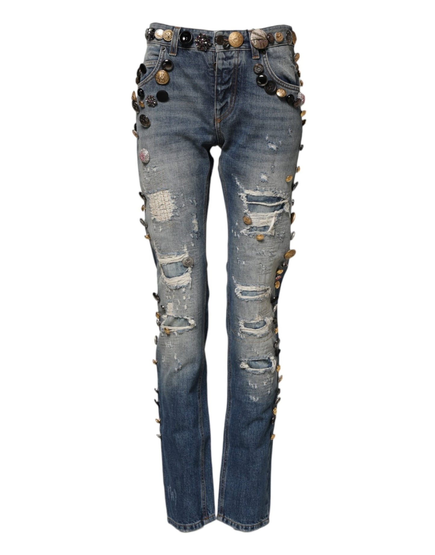 Dolce & Gabbana Blue Embellished Tattered SkinnyDenim Jeans – IT38 | XS par Dolce & Gabbana | Disponible sur Sandy Store ByNet