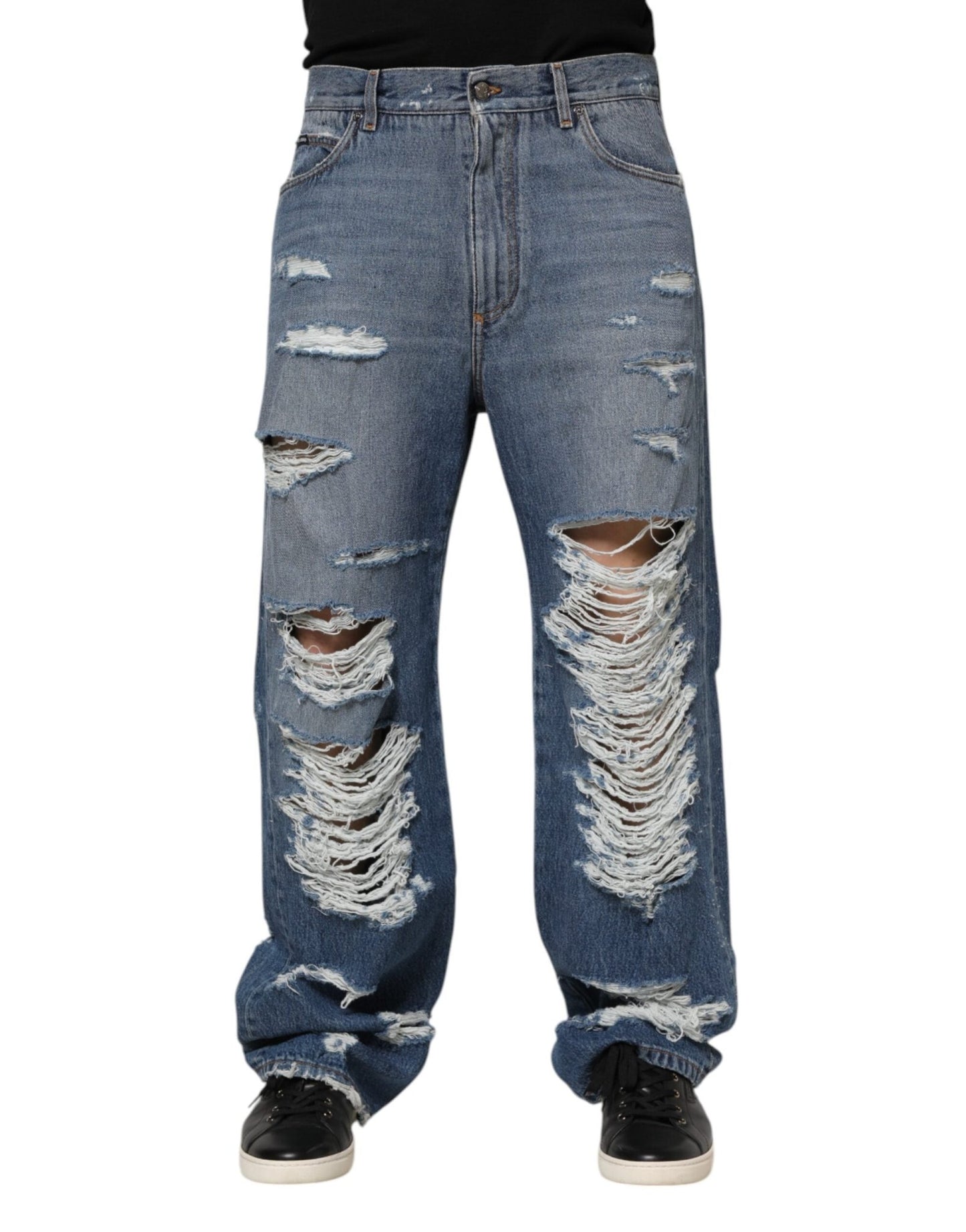 Dolce & Gabbana Blue Tattered Cotton Logo Plaque Denim Jeans – IT48 | M par Dolce & Gabbana | Disponible sur Sandy Store ByNet