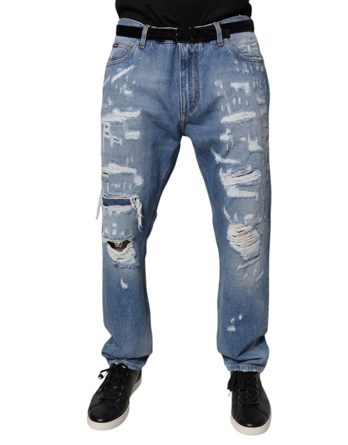 Dolce & Gabbana Blue Tattered Straight Cotton Denim Jeans – IT52 | XL par Dolce & Gabbana | Disponible sur Sandy Store ByNet
