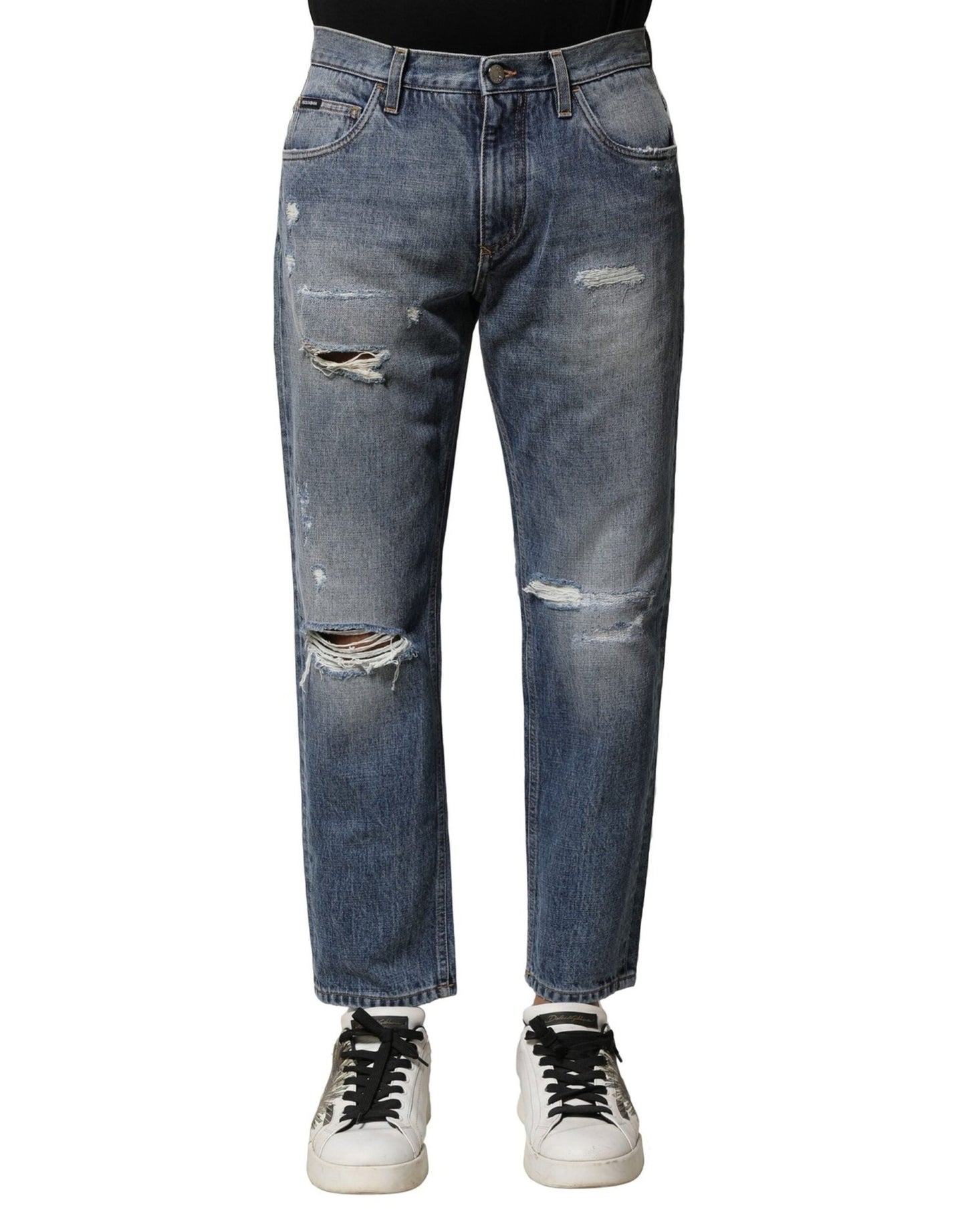 Dolce & Gabbana Blue Washed Tattered Straight Fit Denim Jeans – IT44 | XS par Dolce & Gabbana | Disponible sur Sandy Store ByNet