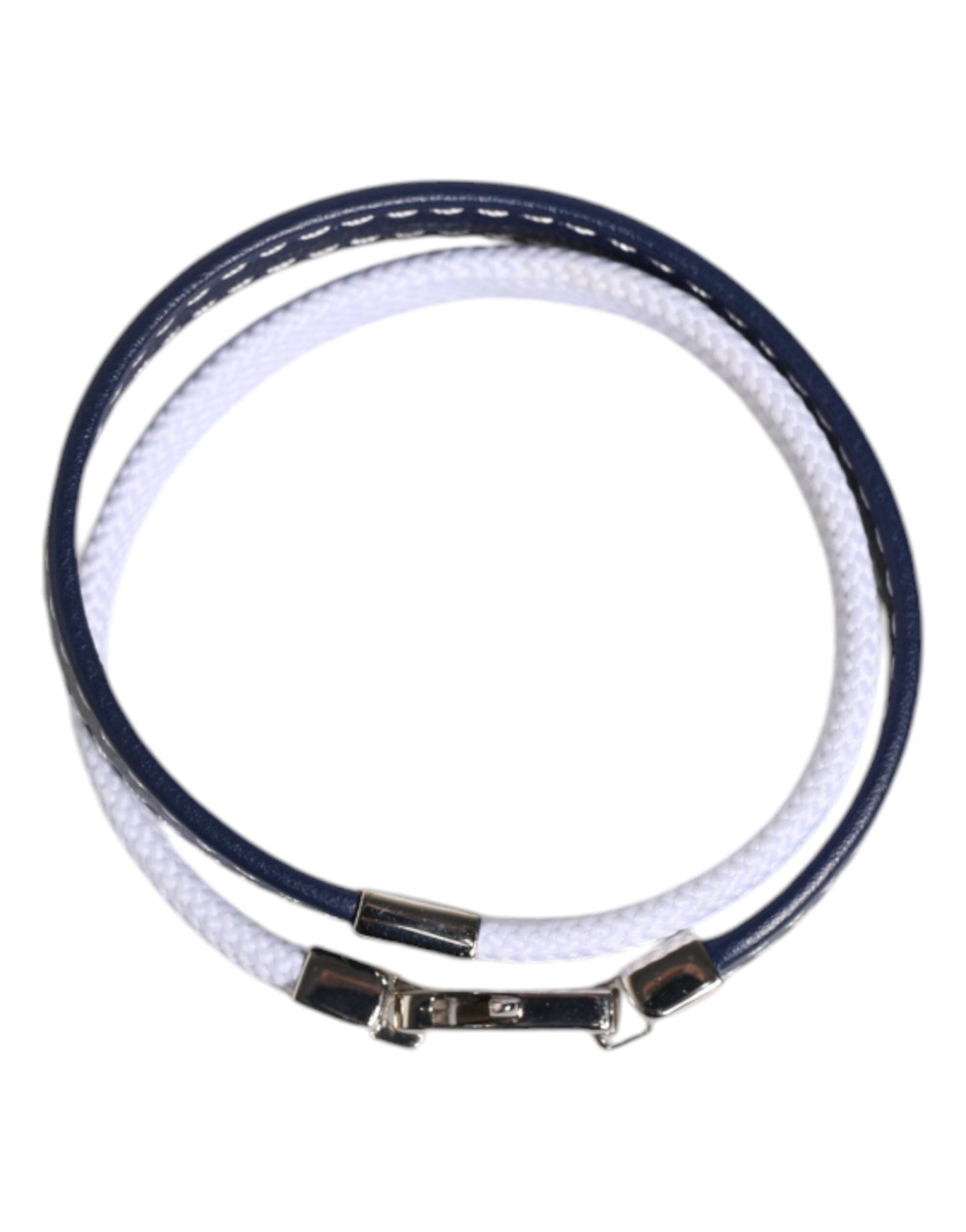Dolce & Gabbana Blue White Leather Trimmed DG Engraved Silver Tone Clasp Bracelet - Sandy Store ByNet
