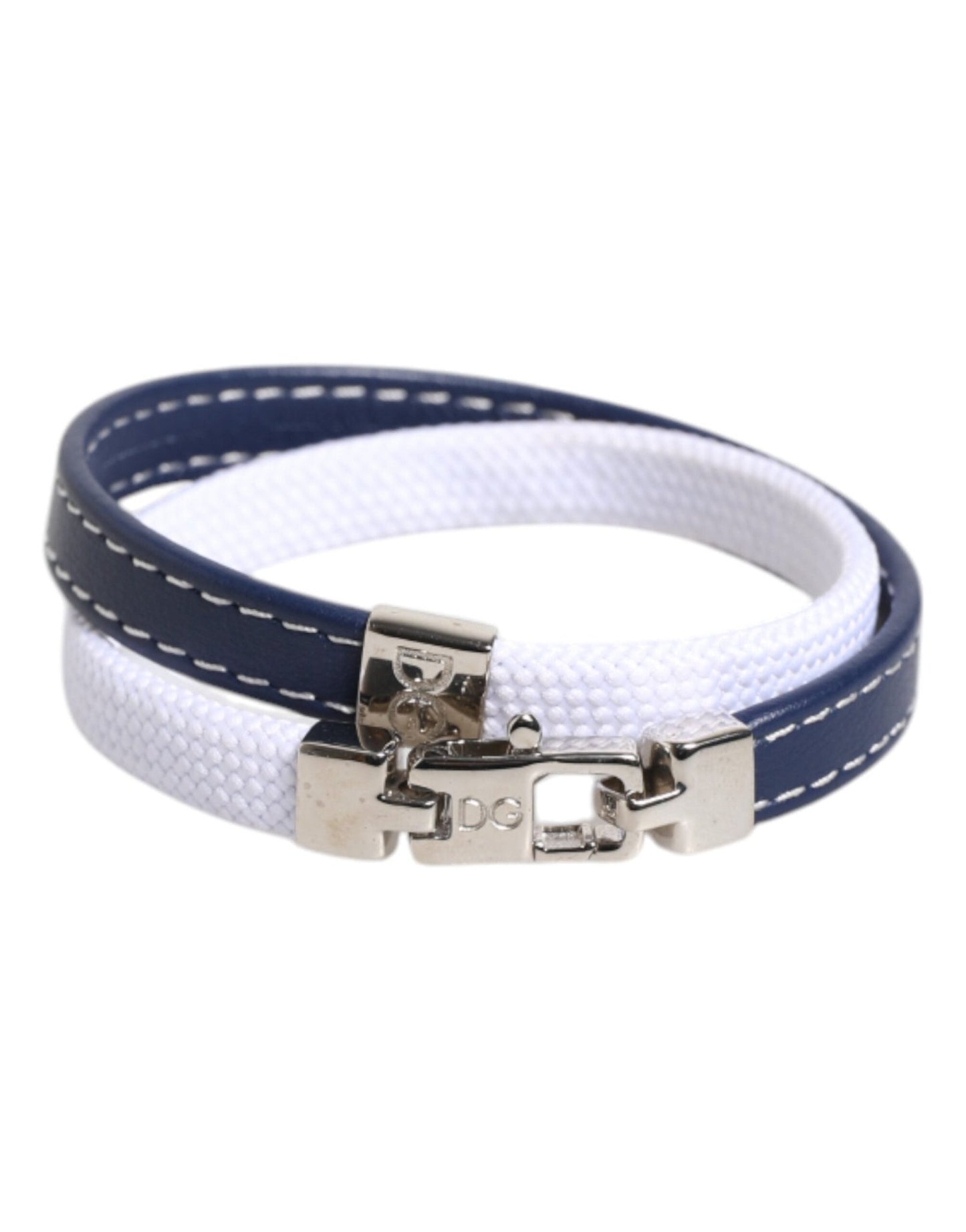Dolce & Gabbana Blue White Leather Trimmed DG Engraved Silver Tone Clasp Bracelet - Sandy Store ByNet