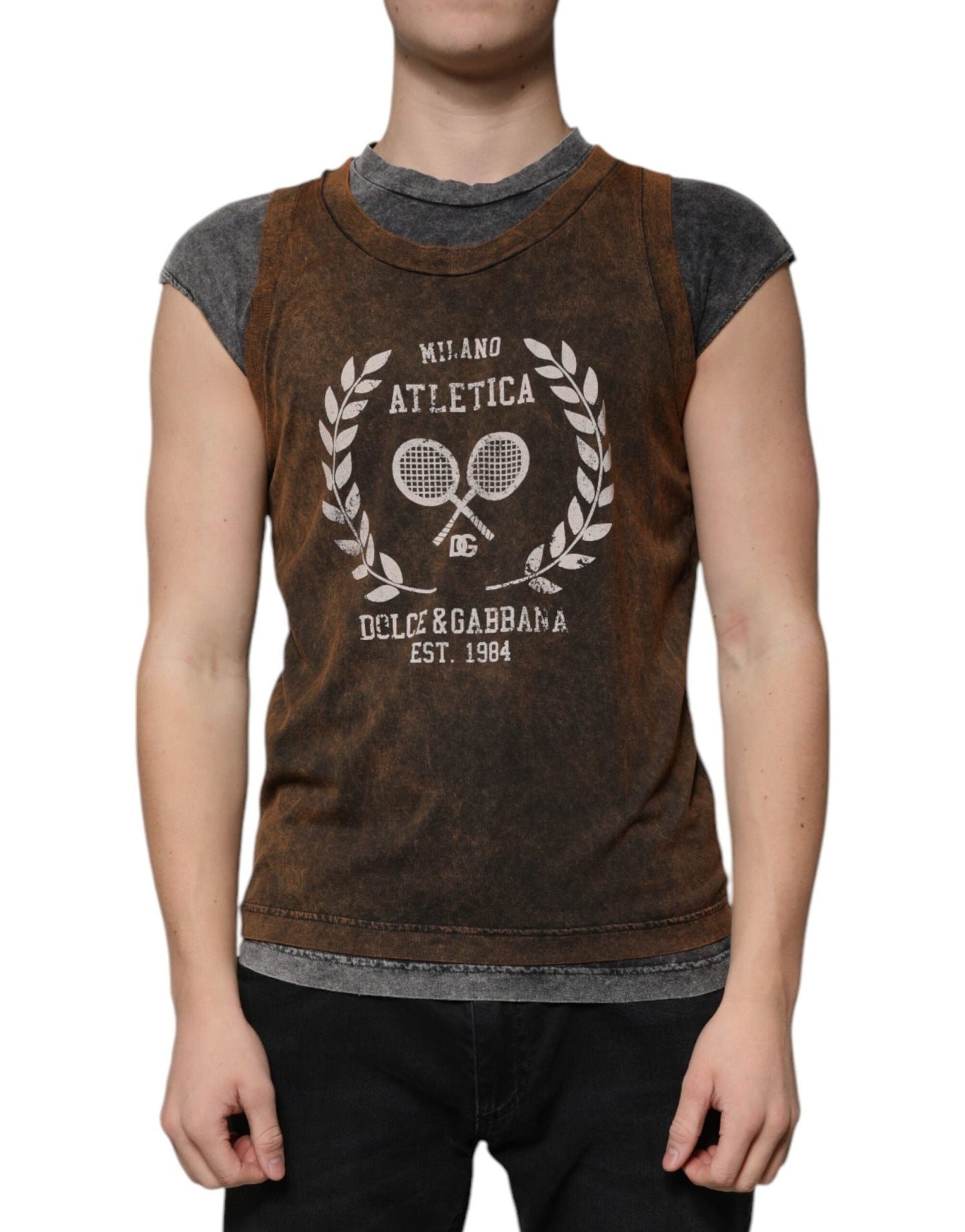 Dolce & Gabbana Brown Cotton Crew Neck Sleeveless T-shirt – IT52 | XL par Dolce & Gabbana | Disponible sur Sandy Store ByNet