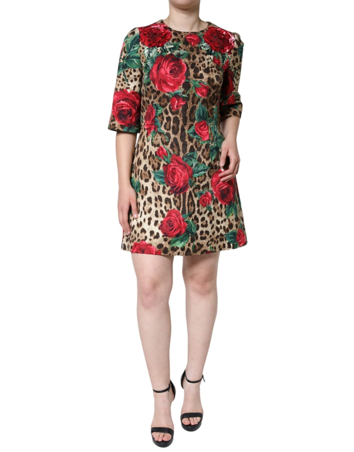 Dolce & Gabbana Brown Leopard Red Roses Cotton A - line Dress - Sandy Store ByNet