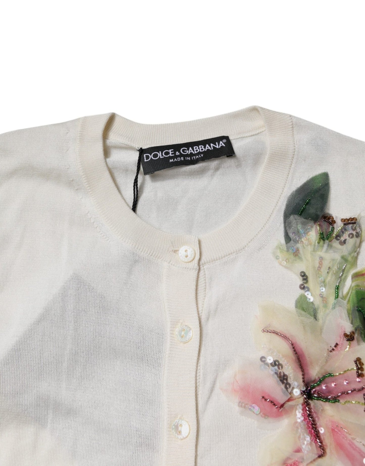 Dolce & Gabbana Cream Floral Silk Embellished Cardigan Sweater - Sandy Store ByNet
