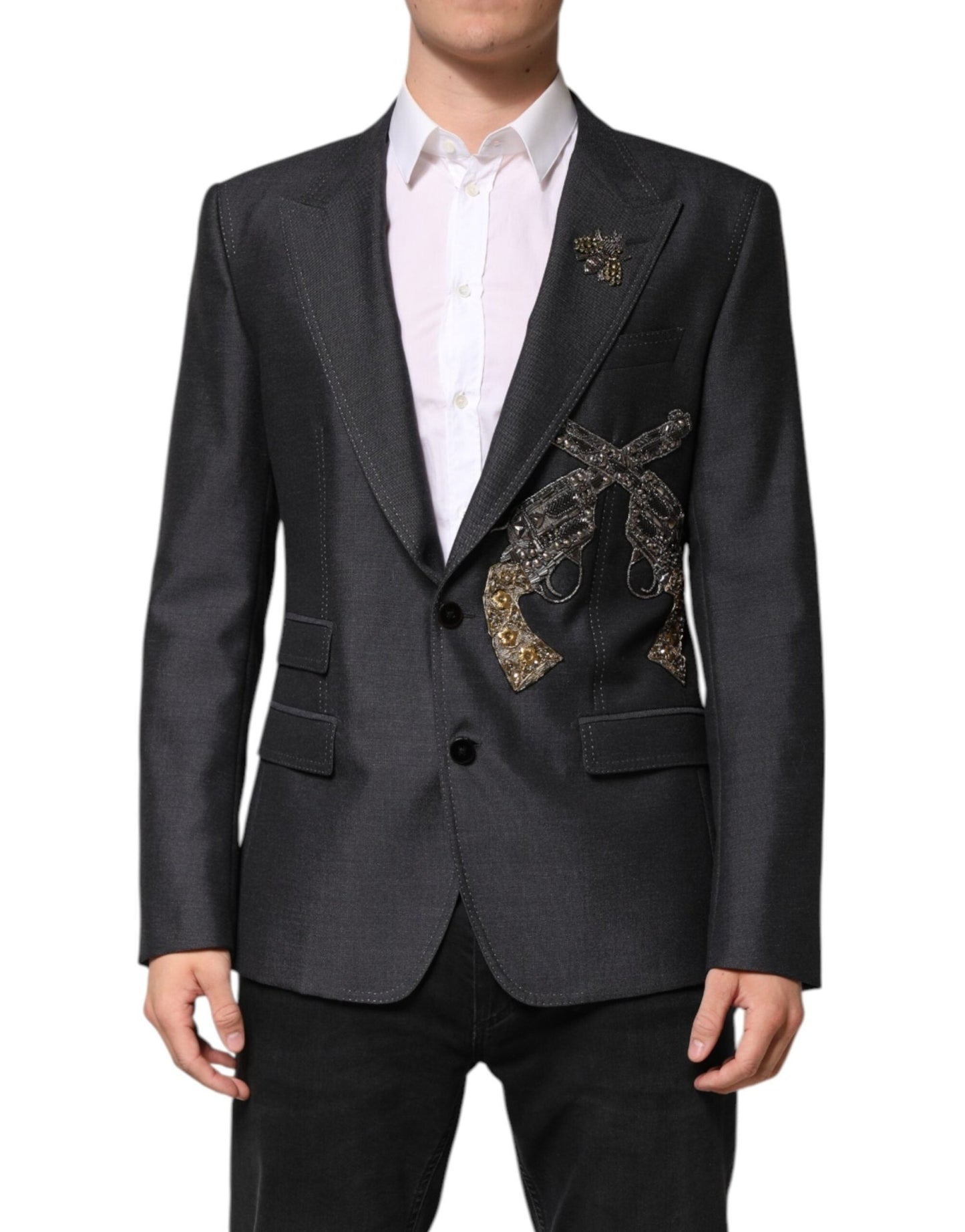 Dolce & Gabbana Dark Gray Bee Embroidery SICILIA Coat Blazer – IT52 | XL par Dolce & Gabbana | Disponible sur Sandy Store ByNet