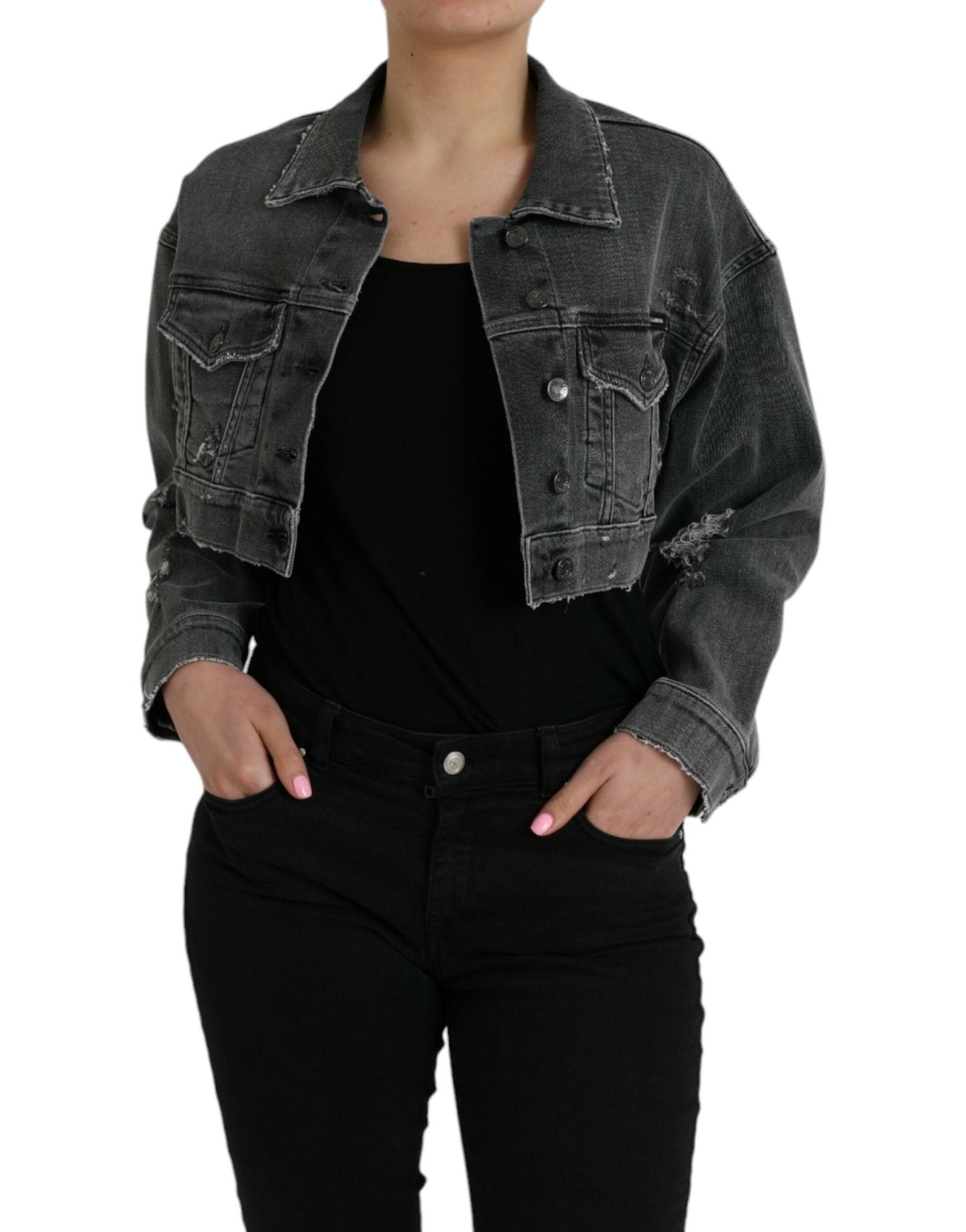 Dolce & Gabbana Dark Gray Cotton Stretch Cropped Denim Jacket - Sandy Store ByNet