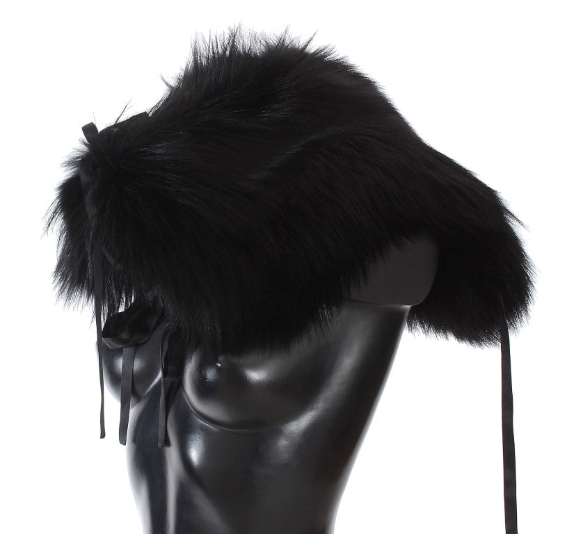 Dolce & Gabbana Elegant Black Fox Fur Silk Shoulder Wrap - Sandy Store ByNet