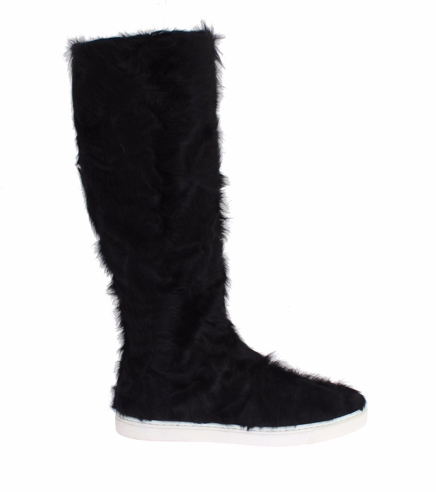 Dolce & Gabbana Elegant Black Fur Leather Flat Sneaker Boots - Sandy Store ByNet