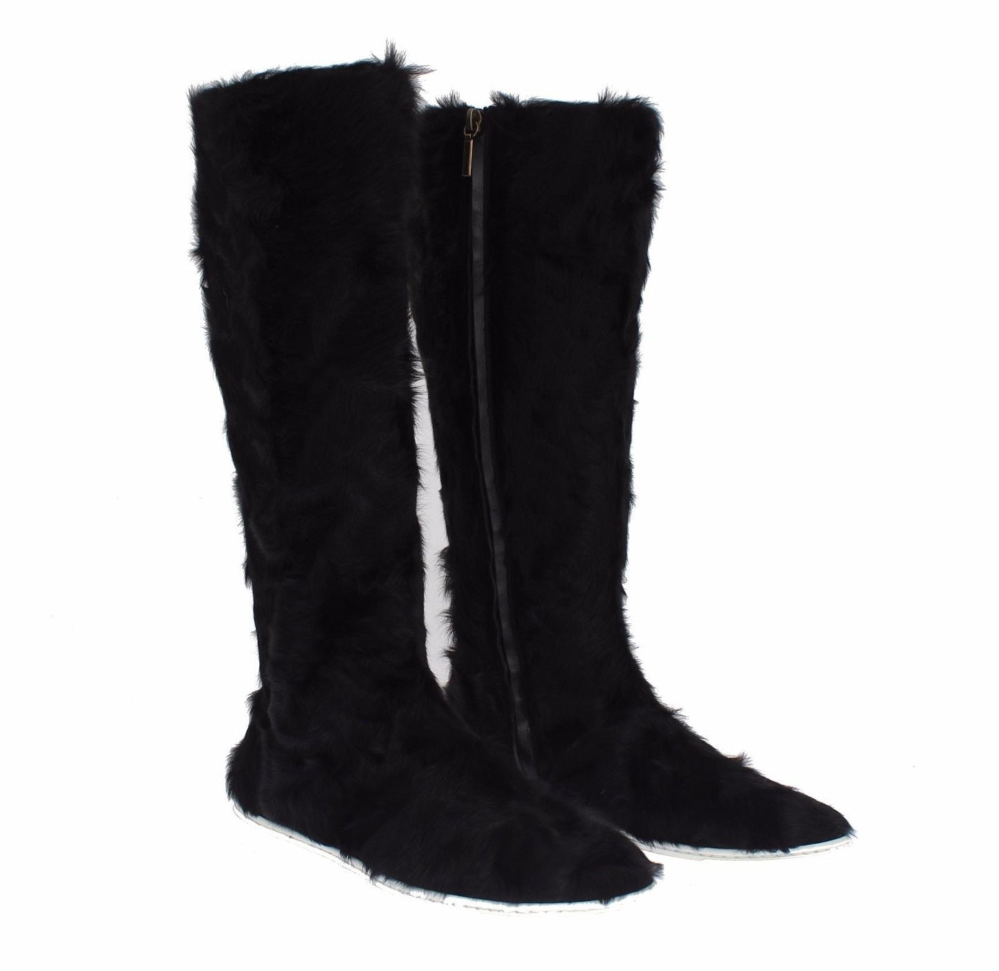 Dolce & Gabbana Elegant Black Fur Leather Flat Sneaker Boots - Sandy Store ByNet