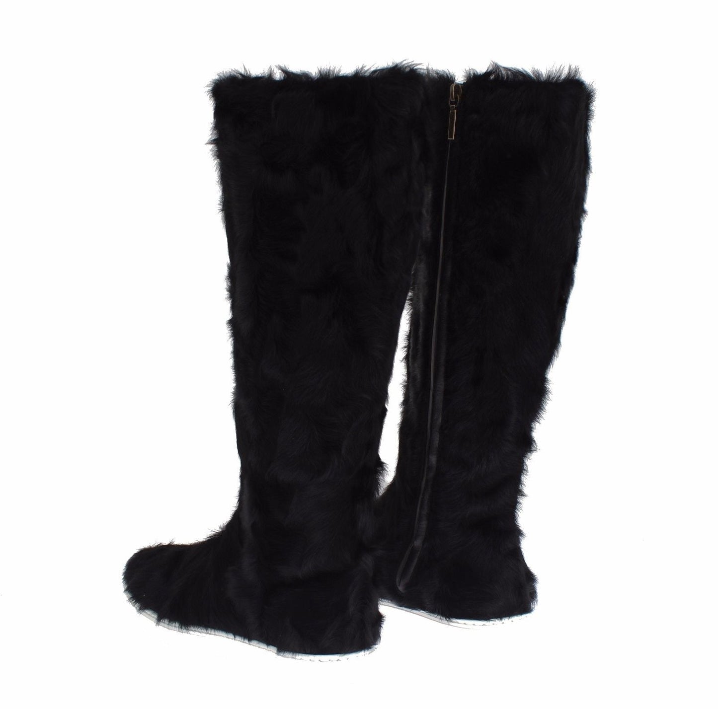 Dolce & Gabbana Elegant Black Fur Leather Flat Sneaker Boots - Sandy Store ByNet