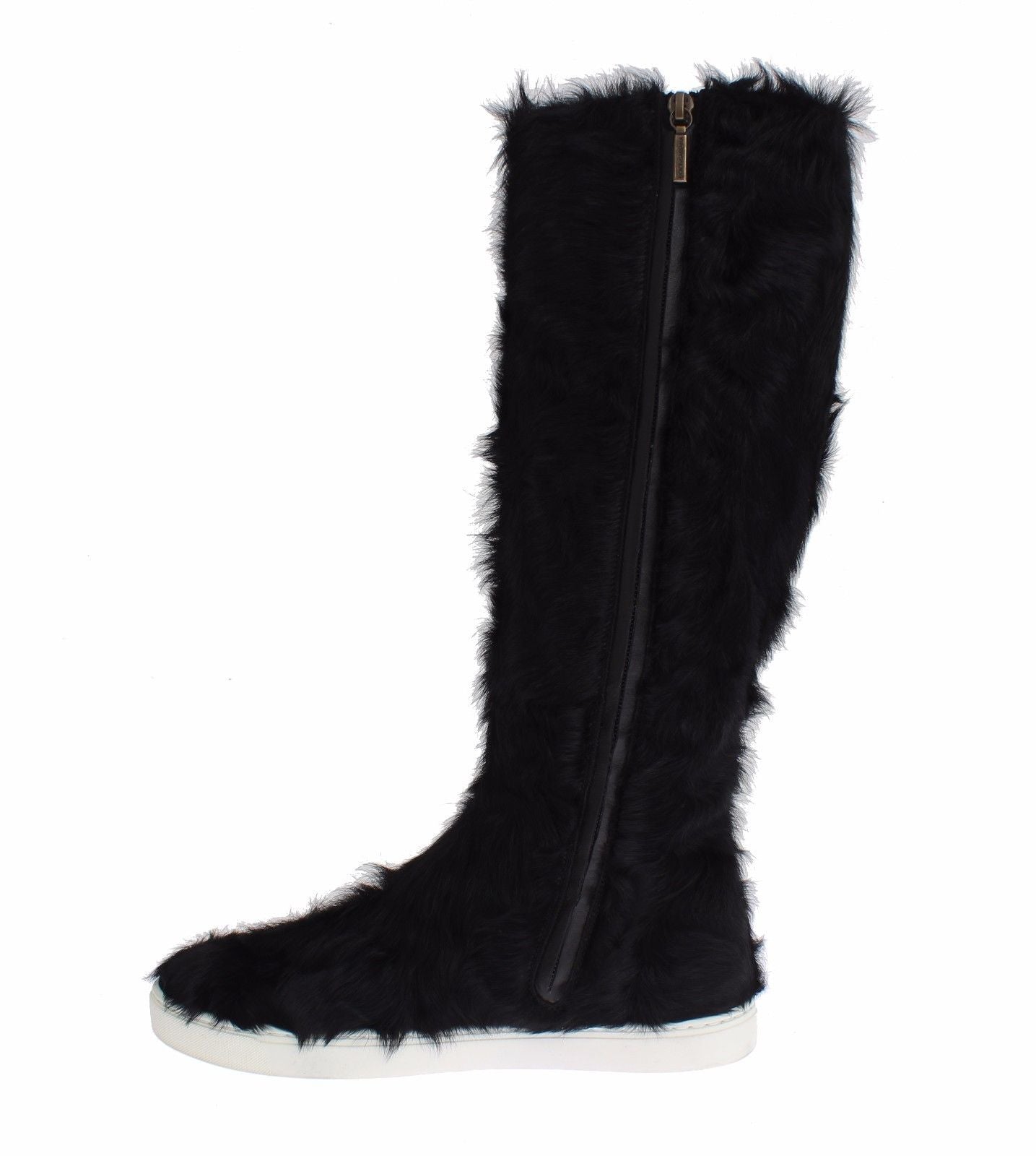 Dolce & Gabbana Elegant Black Fur Leather Flat Sneaker Boots - Sandy Store ByNet