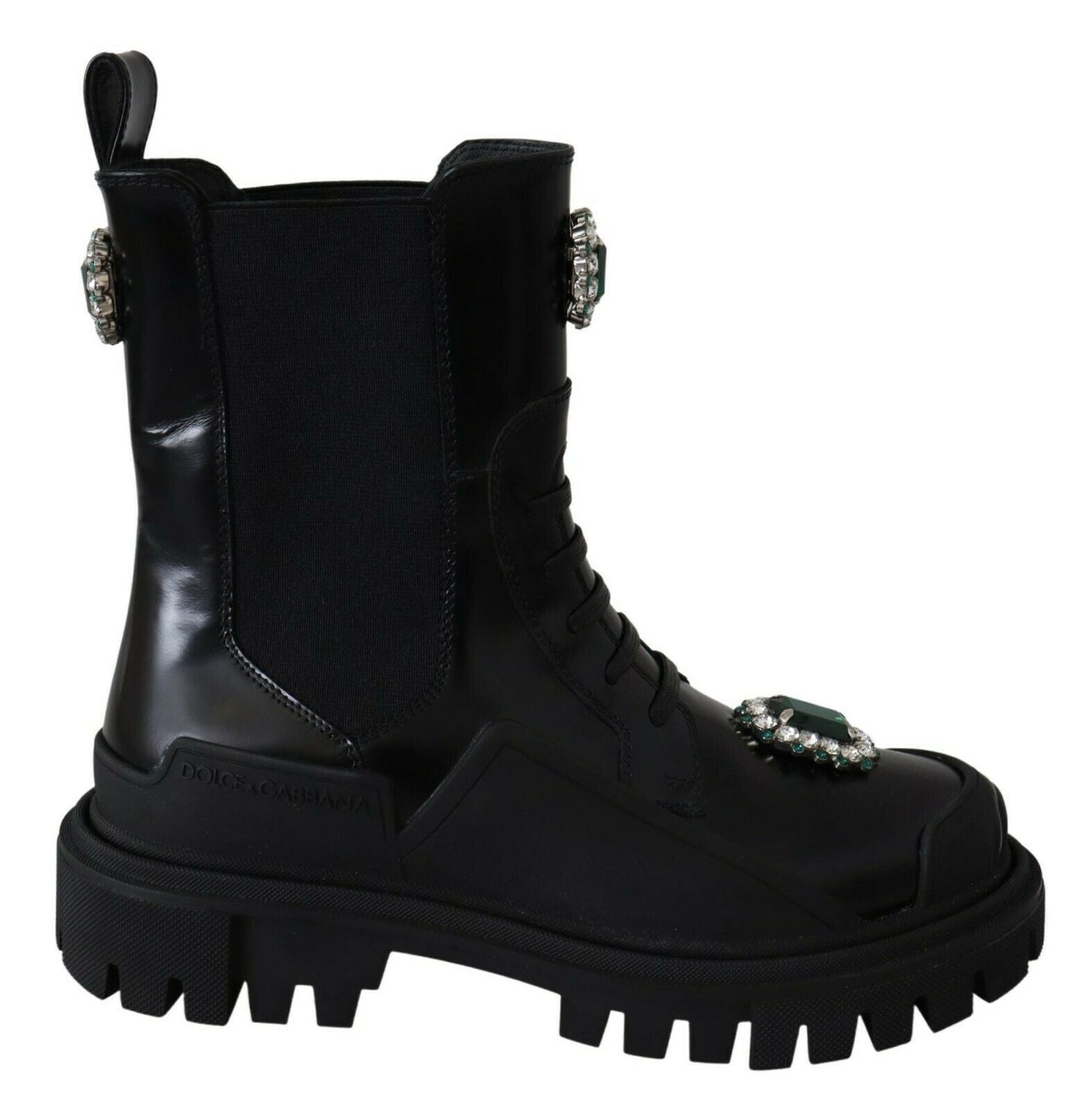 Dolce & Gabbana Elegant Black Leather Combat Boots with Crystal Detail - Sandy Store ByNet