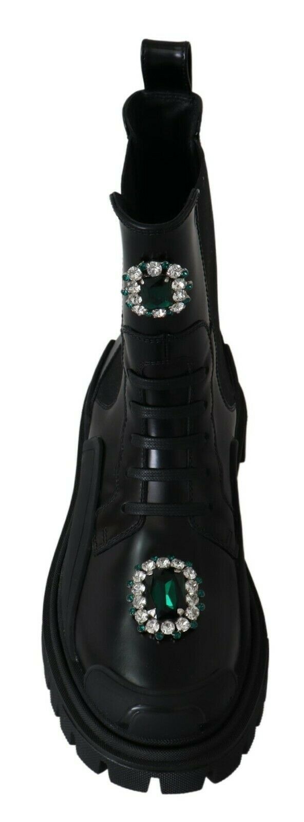 Dolce & Gabbana Elegant Black Leather Combat Boots with Crystal Detail - Sandy Store ByNet