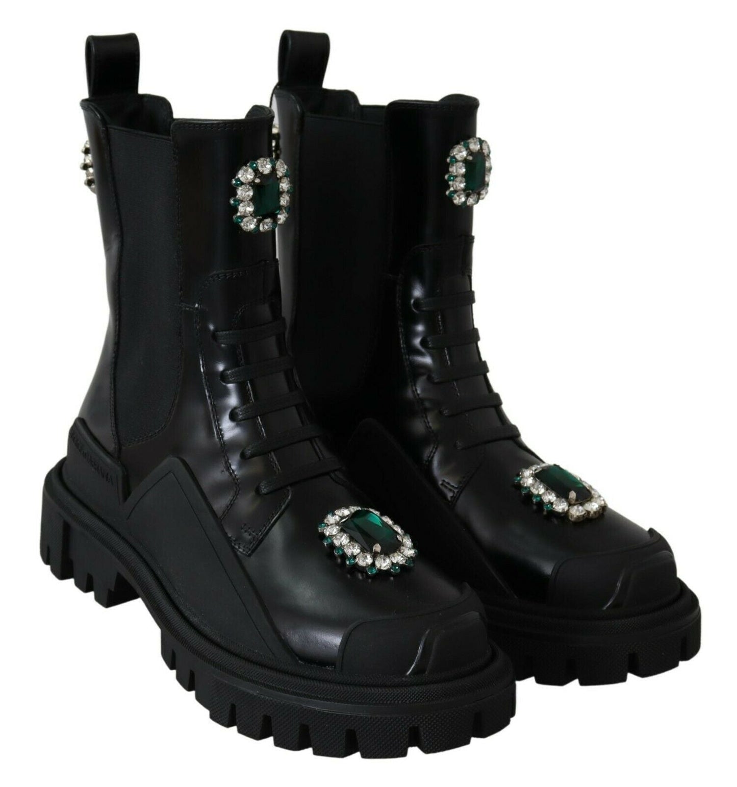 Dolce & Gabbana Elegant Black Leather Combat Boots with Crystal Detail - Sandy Store ByNet