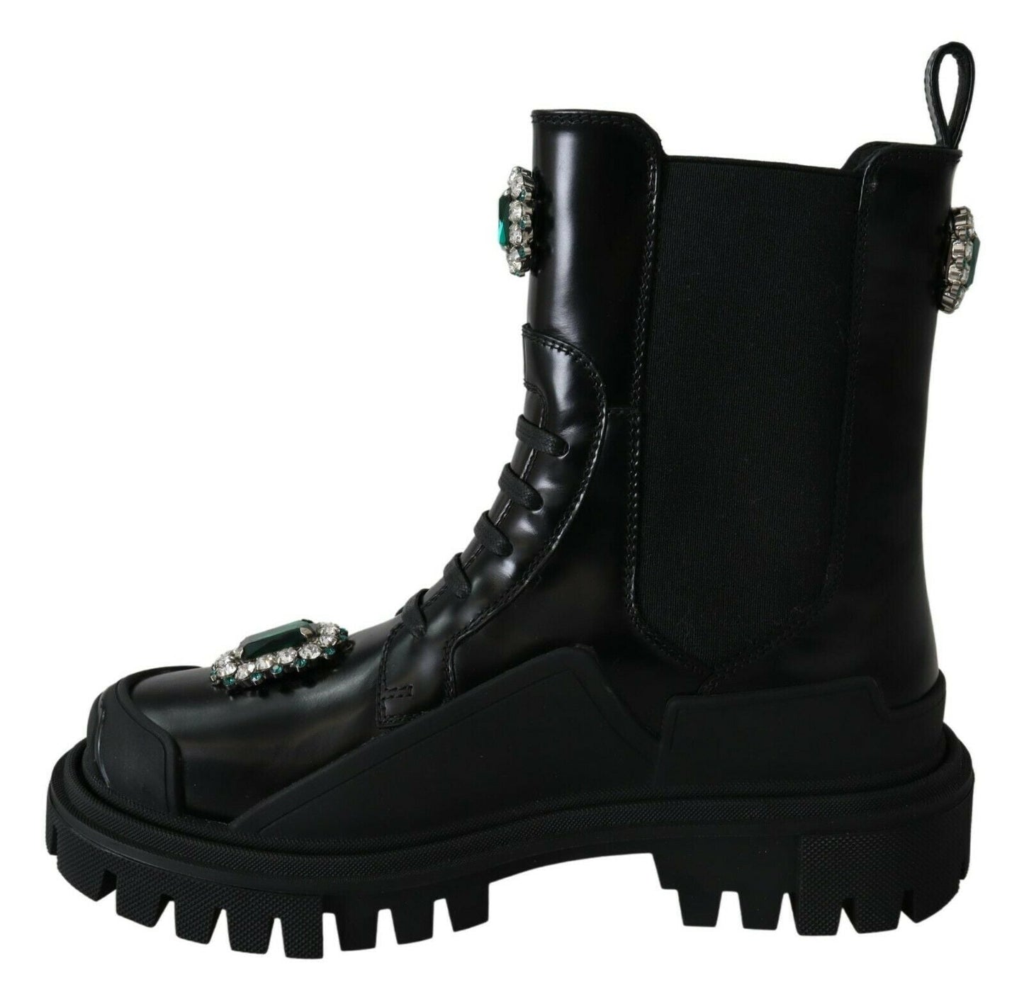 Dolce & Gabbana Elegant Black Leather Combat Boots with Crystal Detail - Sandy Store ByNet