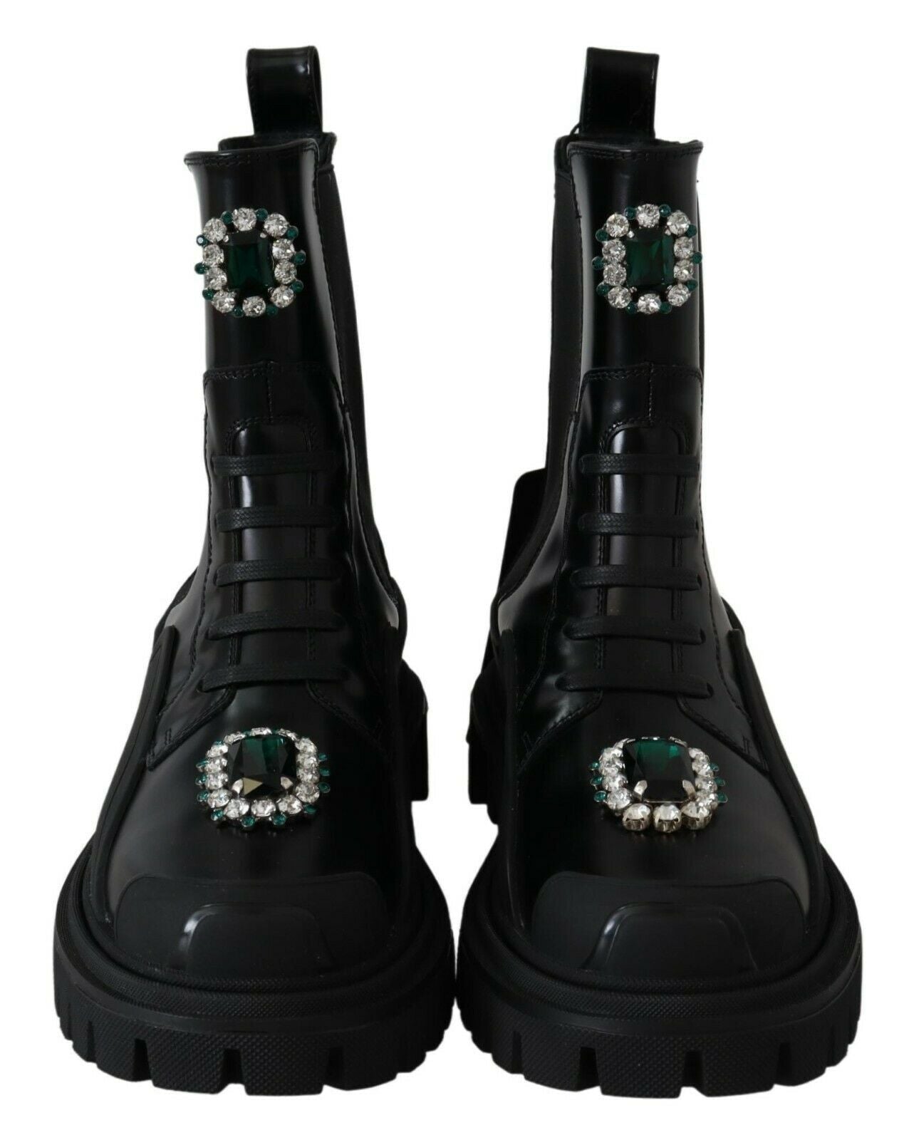 Dolce & Gabbana Elegant Black Leather Combat Boots with Crystal Detail - Sandy Store ByNet