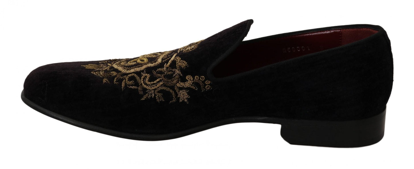 Dolce & Gabbana Elegant Black Loafers with Gold Crown Embroidery - Sandy Store ByNet