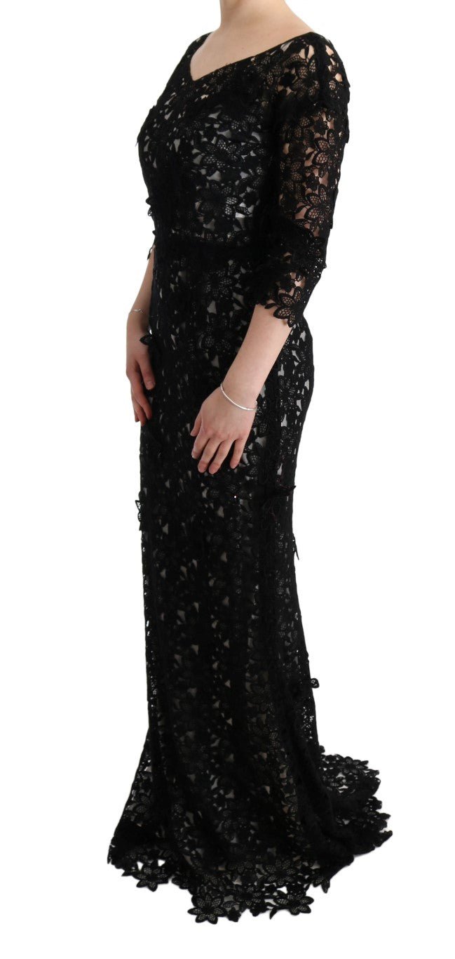 Dolce & Gabbana Elegant Black Maxi Shift Dress with Floral Applique - Sandy Store ByNet