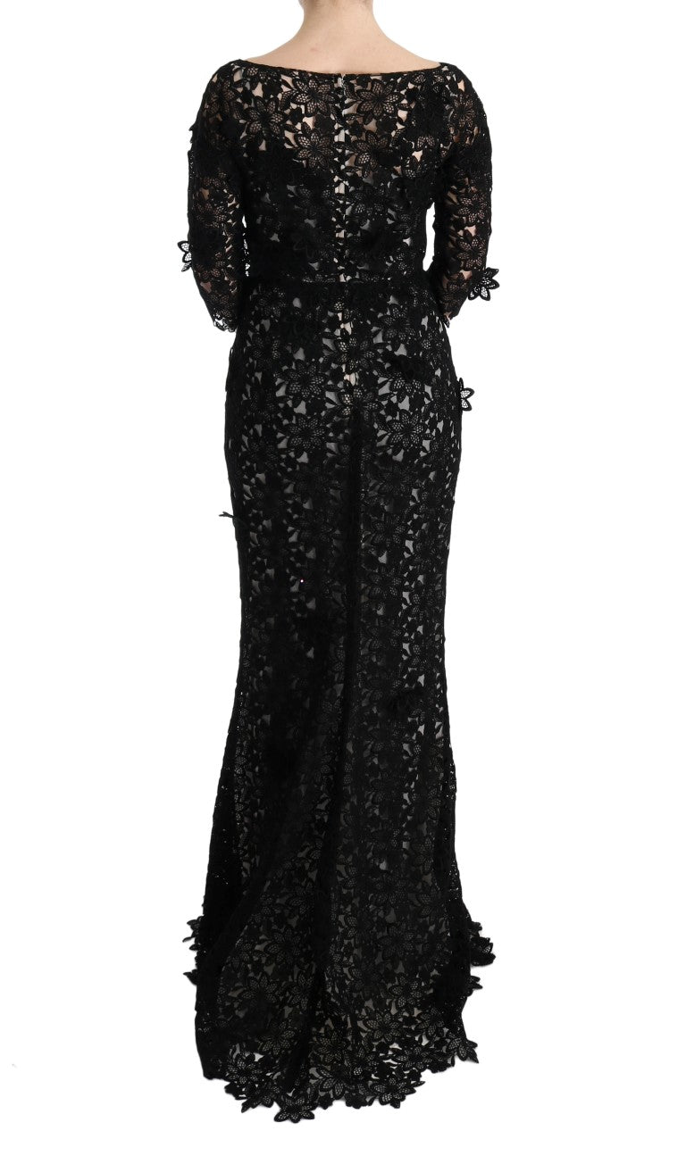 Dolce & Gabbana Elegant Black Maxi Shift Dress with Floral Applique - Sandy Store ByNet