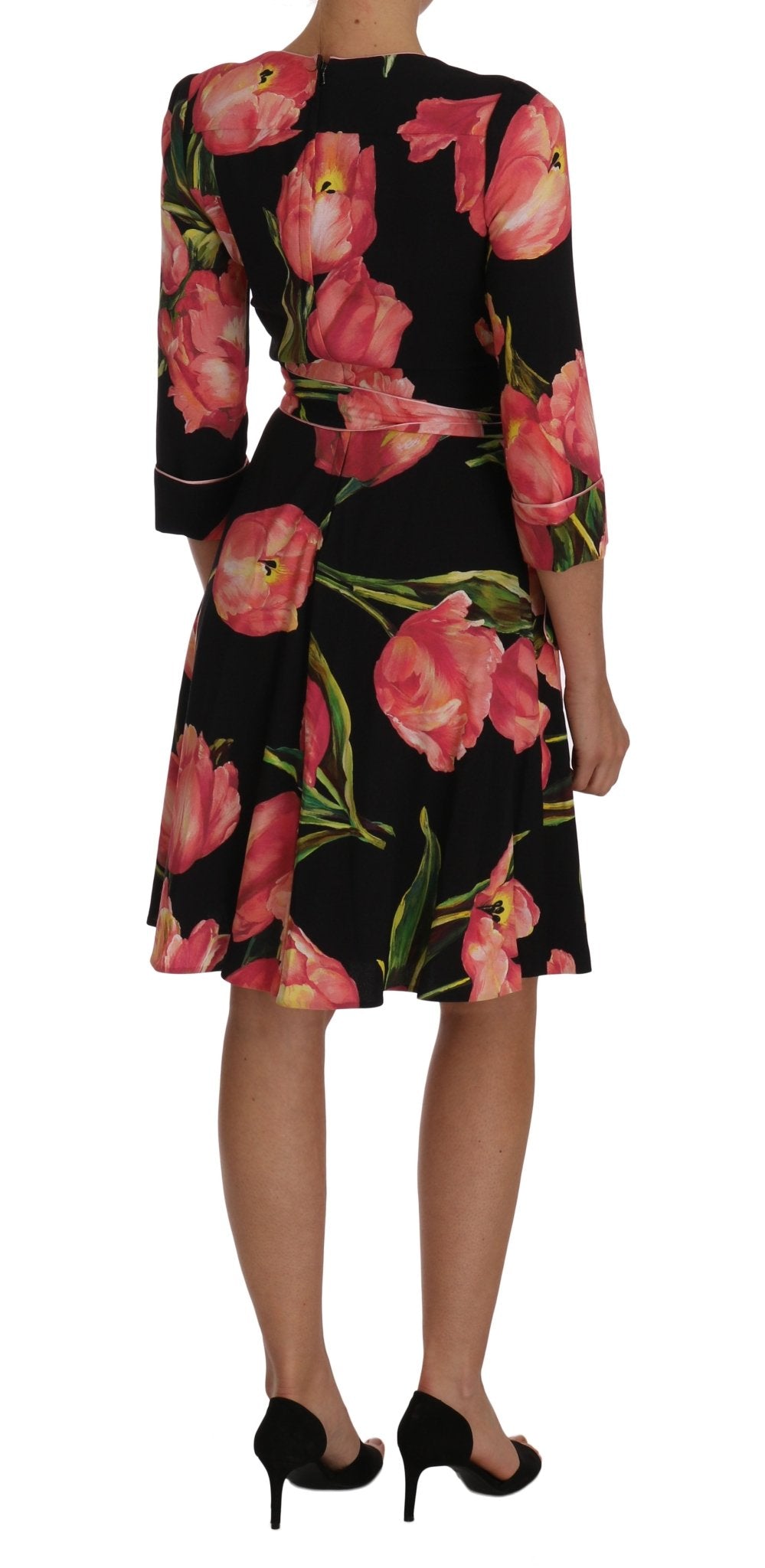 Dolce & Gabbana Elegant Black Shift Dress with Pink Tulips Print - Sandy Store ByNet