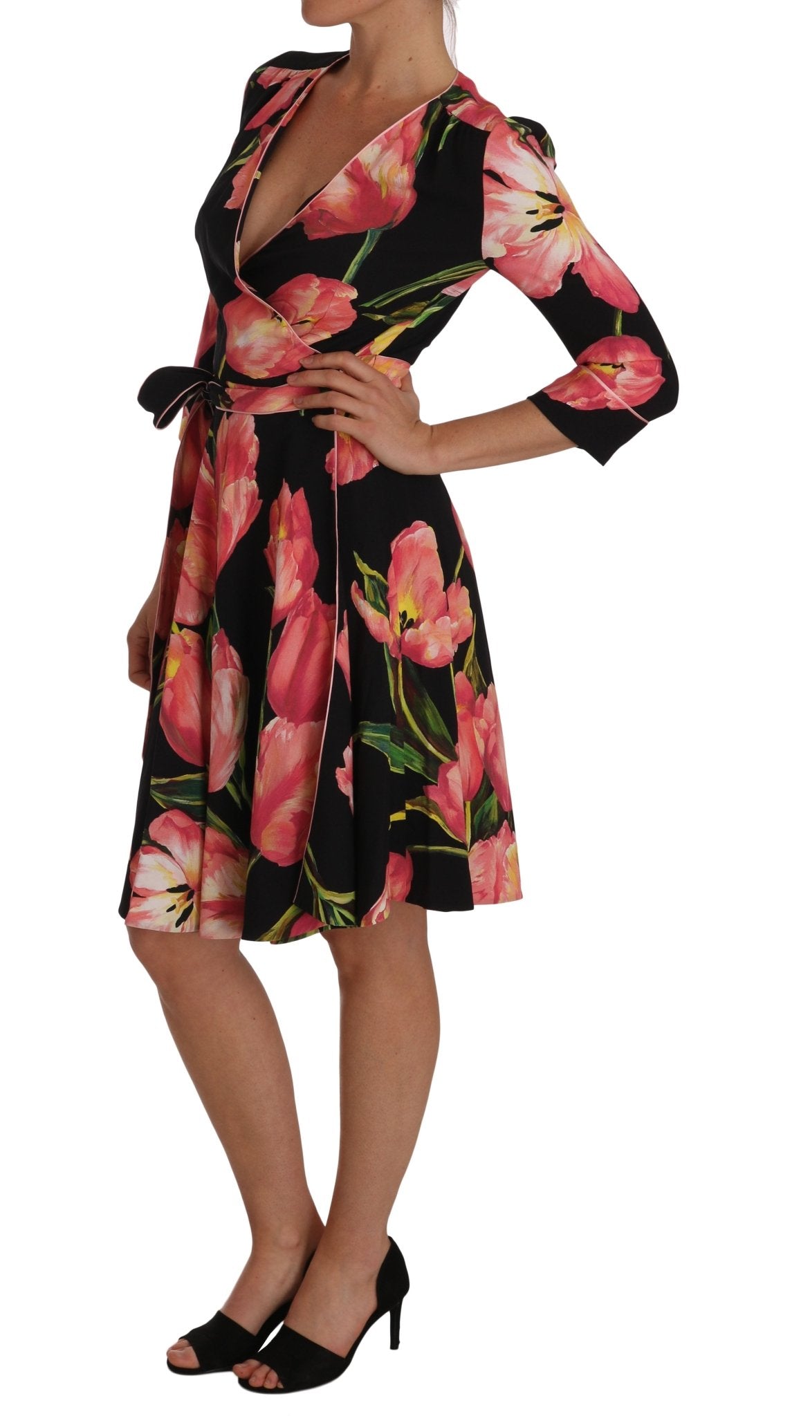 Dolce & Gabbana Elegant Black Shift Dress with Pink Tulips Print - Sandy Store ByNet