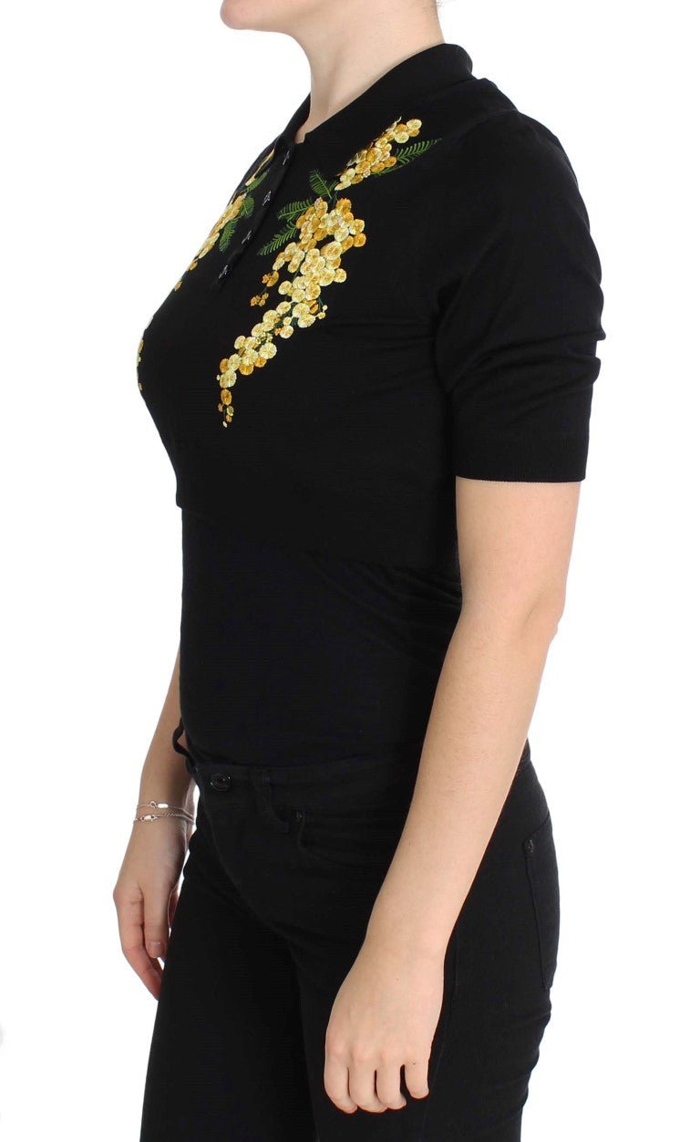 Dolce & Gabbana Elegant Black Silk Floral Polo Top - Sandy Store ByNet