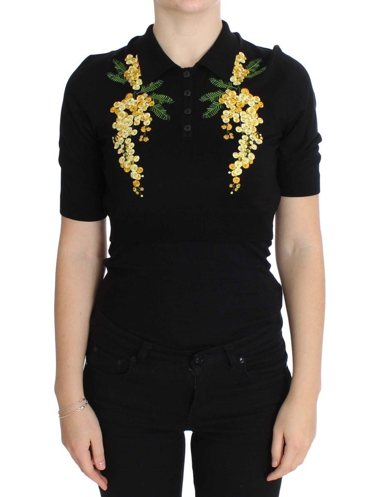 Dolce & Gabbana Elegant Black Silk Floral Polo Top - Sandy Store ByNet