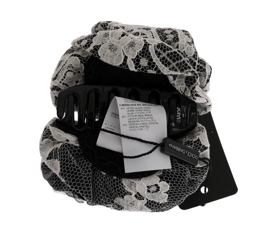 Dolce & Gabbana Elegant Black & White Floral Lace Crystal Hair Claw - Sandy Store ByNet
