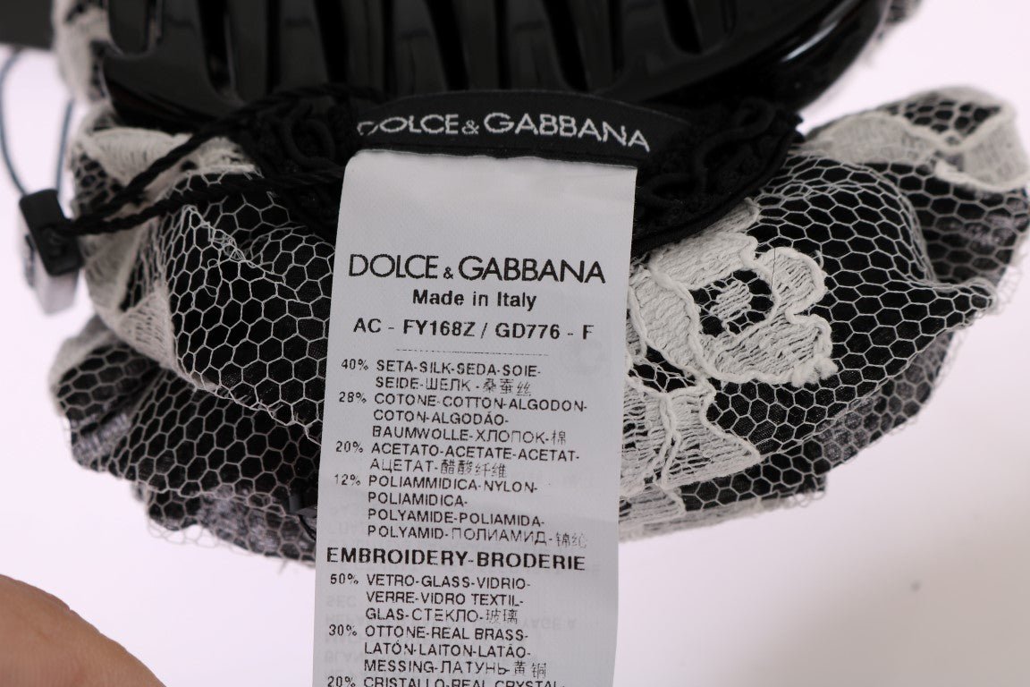 Dolce & Gabbana Elegant Black & White Floral Lace Crystal Hair Claw - Sandy Store ByNet