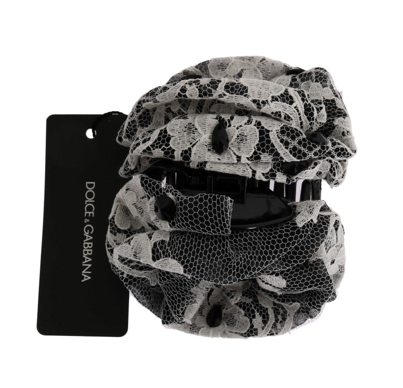 Dolce & Gabbana Elegant Black & White Floral Lace Crystal Hair Claw - Sandy Store ByNet