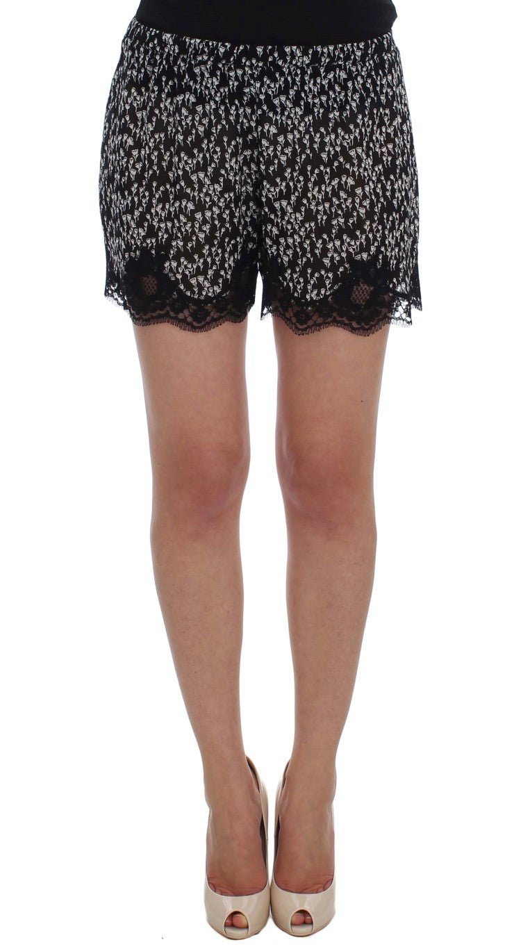 Dolce & Gabbana Elegant Black & White Floral Lace Silk Shorts - Sandy Store ByNet