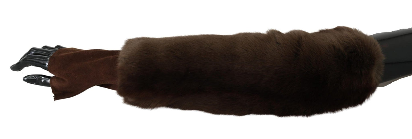 Dolce & Gabbana Elegant Brown Fur & Leather Elbow - Length Gloves - Sandy Store ByNet