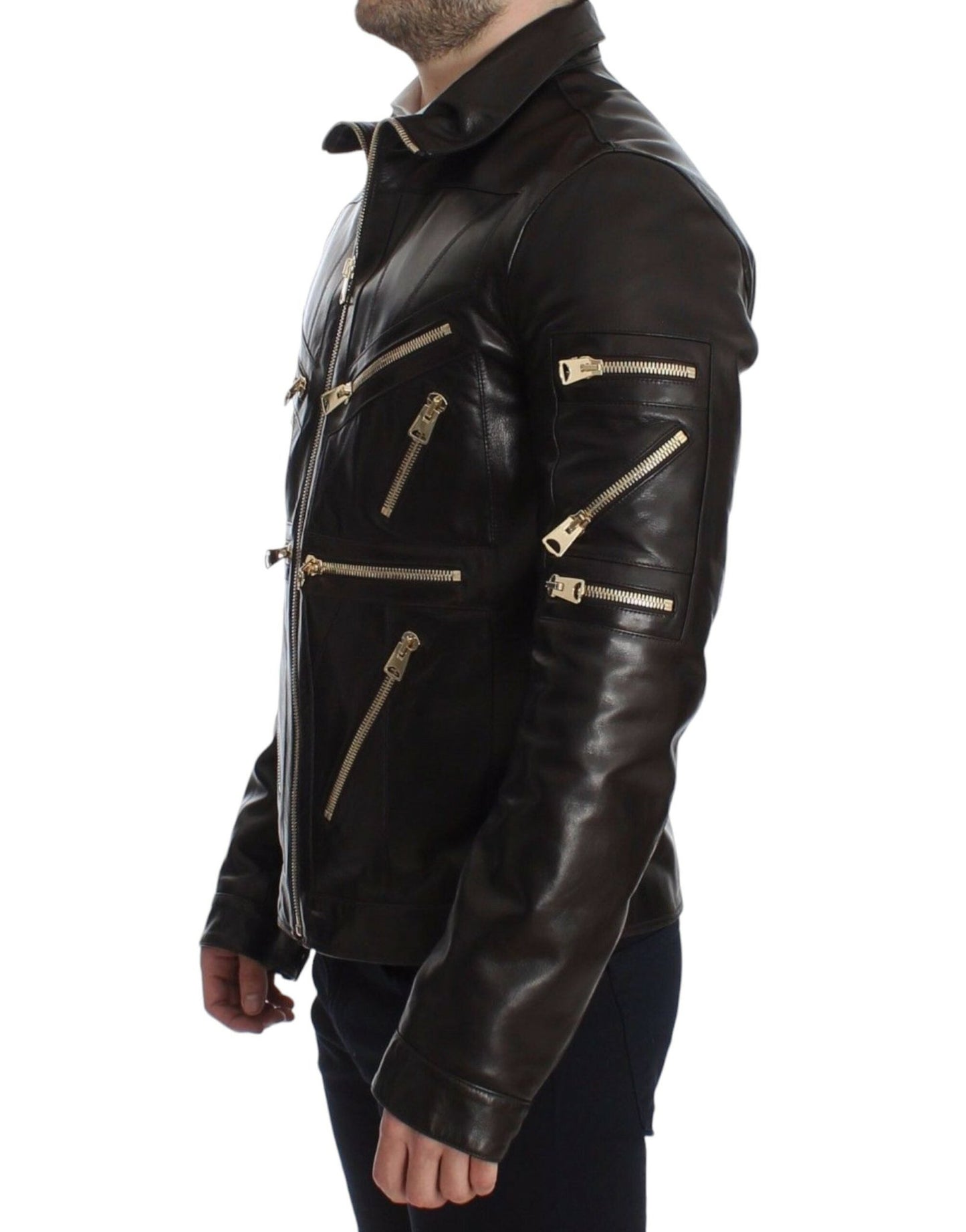 Dolce & Gabbana Elegant Brown Gold - Detailed Leather Jacket - Sandy Store ByNet