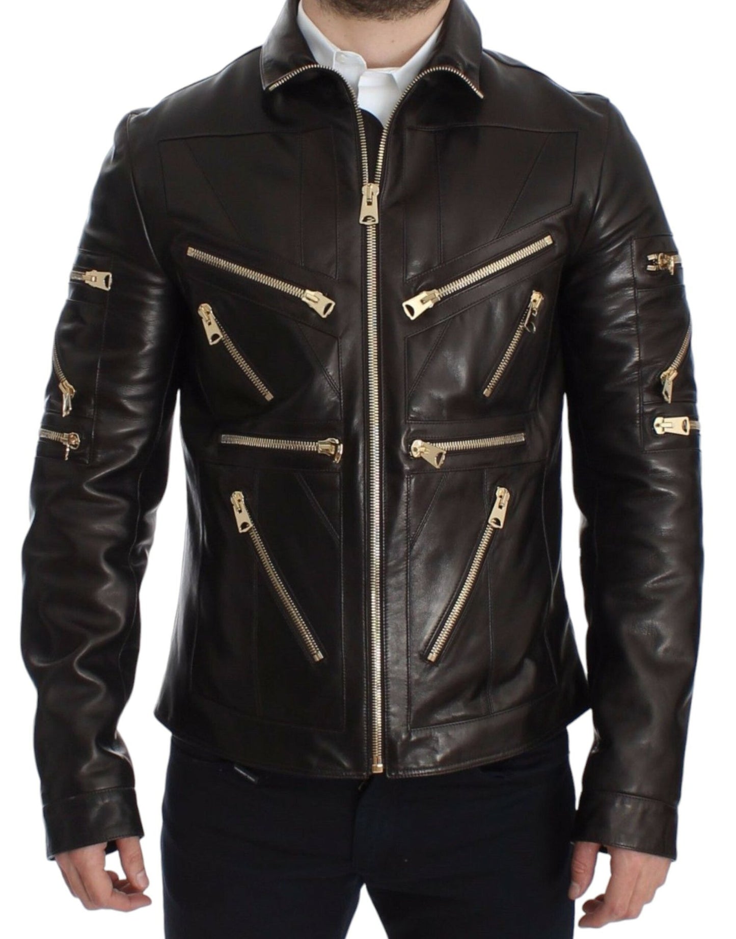 Dolce & Gabbana Elegant Brown Gold - Detailed Leather Jacket - Sandy Store ByNet