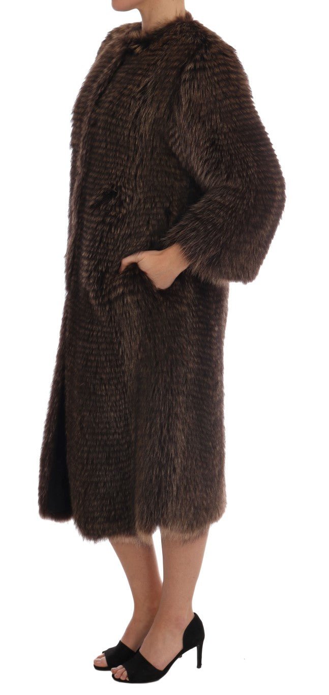 Dolce & Gabbana Elegant Brown Raccoon Fur Knee - Length Coat - Sandy Store ByNet