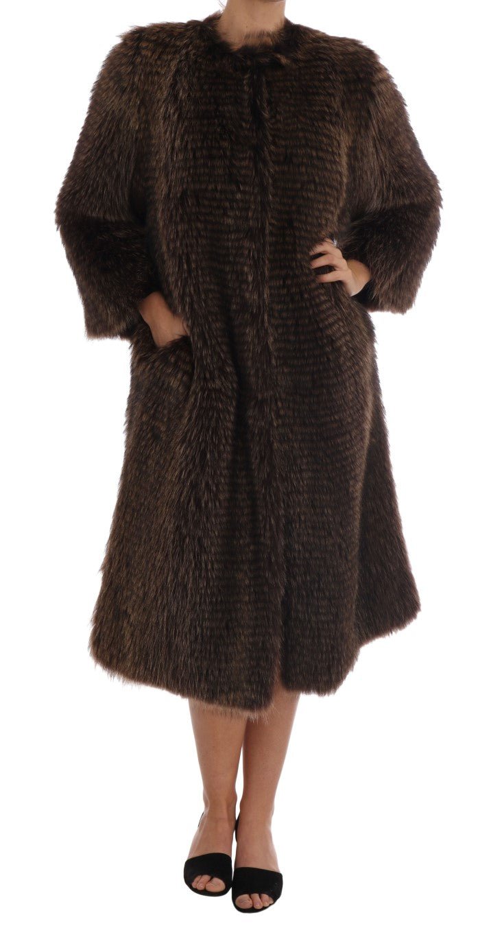 Dolce & Gabbana Elegant Brown Raccoon Fur Knee - Length Coat - Sandy Store ByNet
