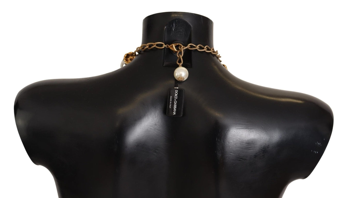 Dolce & Gabbana Elegant Faux Pearl Charm Necklace with Crystal Accents - Sandy Store ByNet