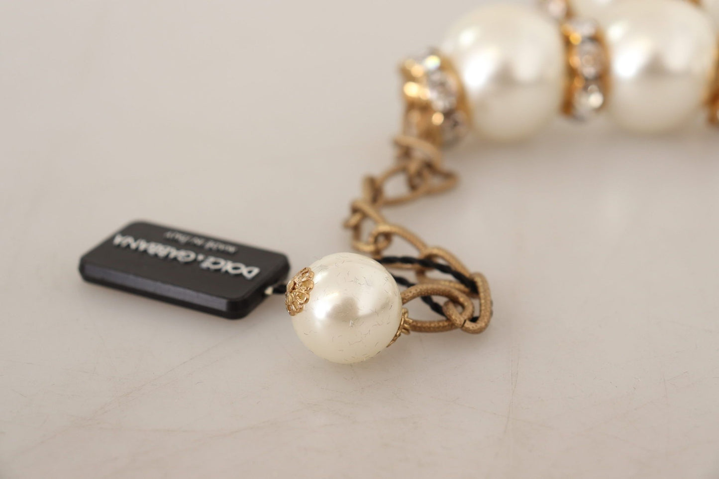 Dolce & Gabbana Elegant Faux Pearl Charm Necklace with Crystal Accents - Sandy Store ByNet