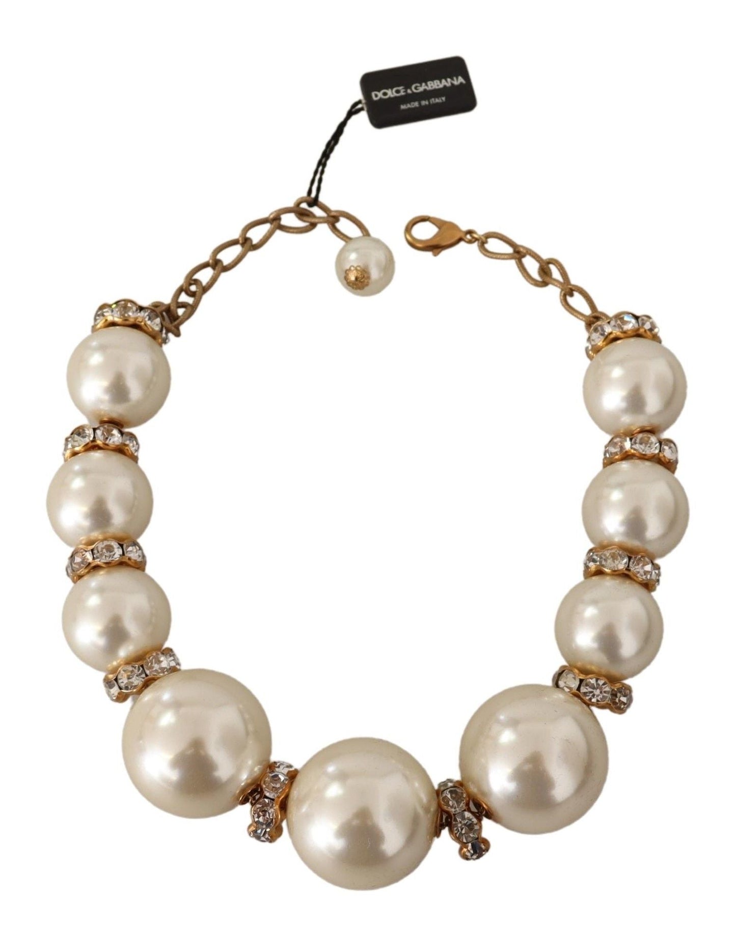 Dolce & Gabbana Elegant Faux Pearl Charm Necklace with Crystal Accents - Sandy Store ByNet