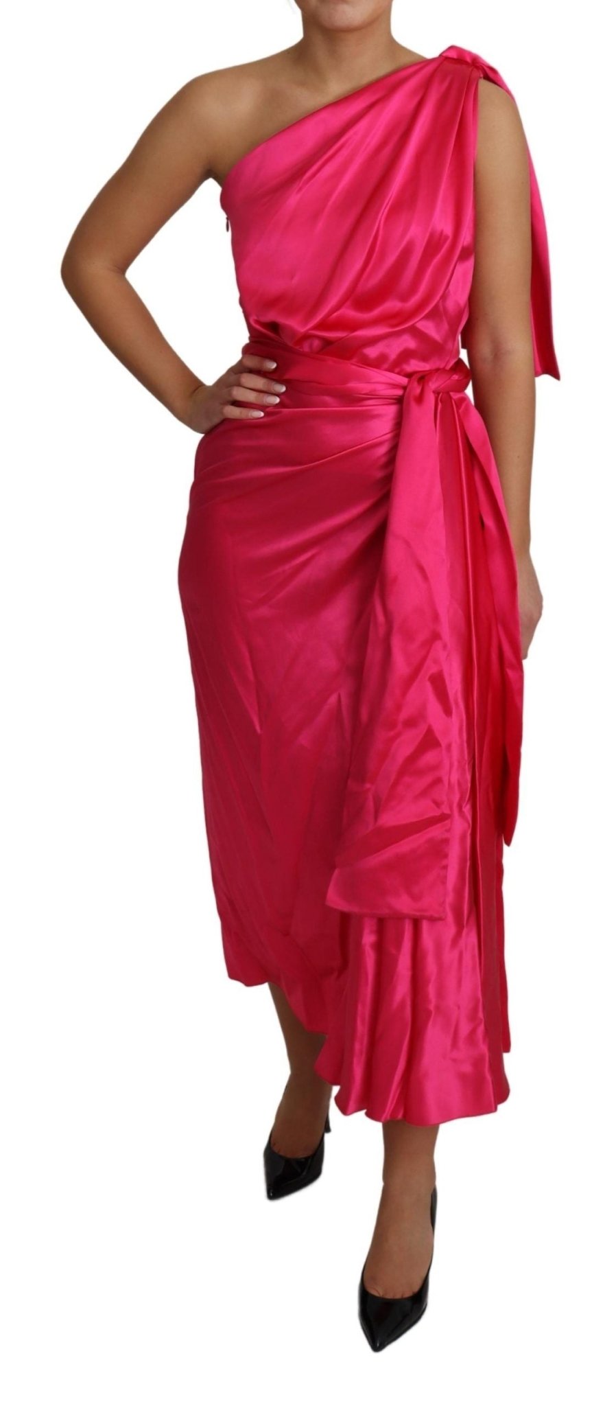 Dolce & Gabbana Elegant Fuchsia Silk One - Shoulder Wrap Dress - Sandy Store ByNet