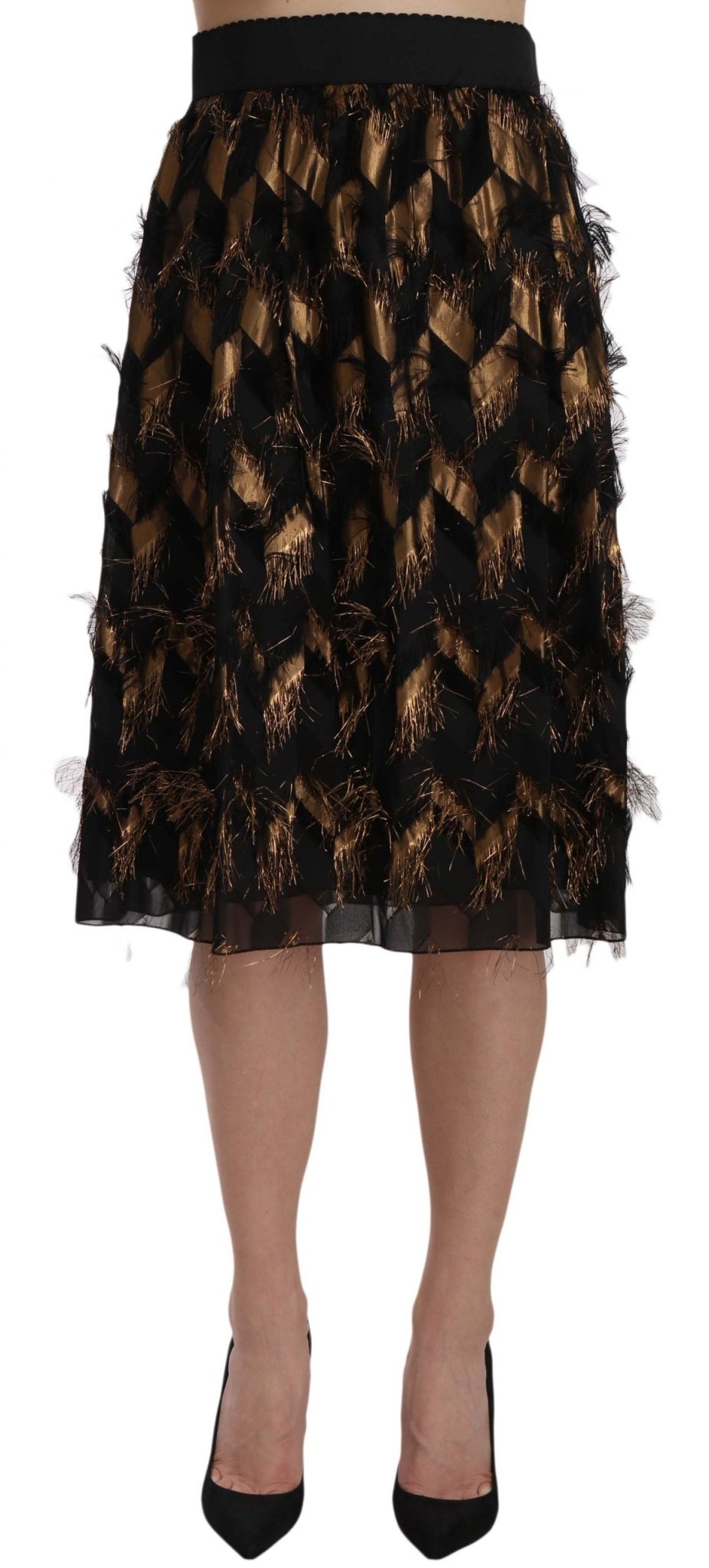 Dolce & Gabbana Elegant Gold Black Silk Blend High Waist Skirt - Sandy Store ByNet