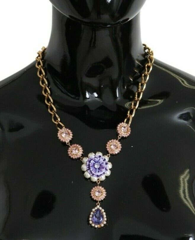 Dolce & Gabbana Elegant Gold Crystal Floral Charm Necklace - Sandy Store ByNet