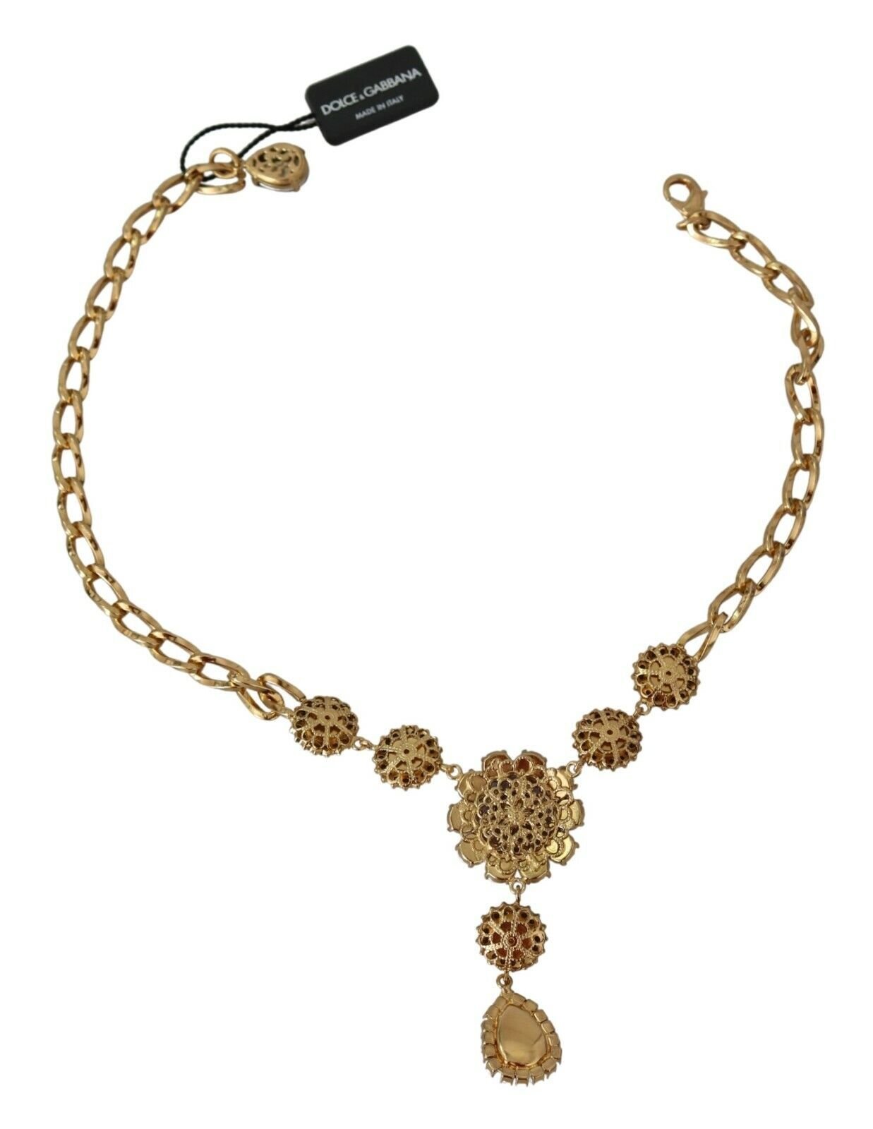 Dolce & Gabbana Elegant Gold Crystal Floral Charm Necklace - Sandy Store ByNet