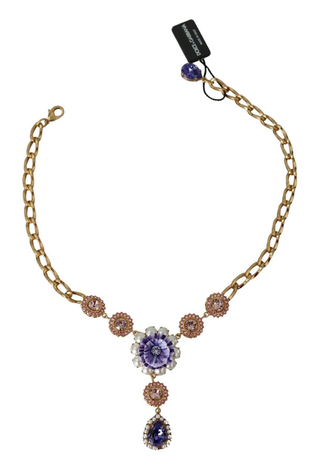 Dolce & Gabbana Elegant Gold Crystal Floral Charm Necklace - Sandy Store ByNet