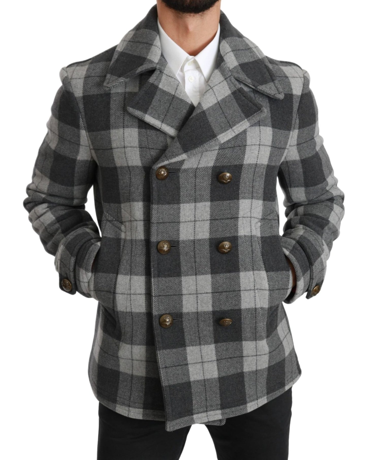 Dolce & Gabbana Elegant Gray Check Double Breasted Coat - Sandy Store ByNet